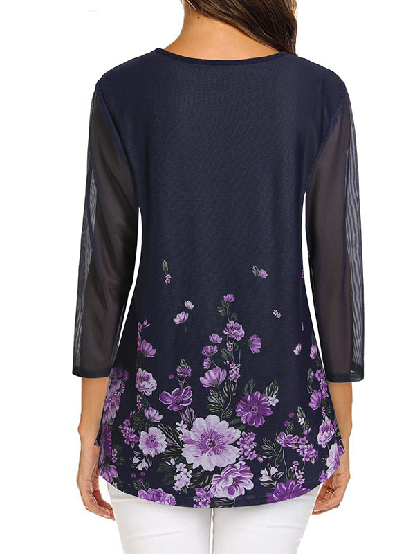 3/4 Sleeve Floral Double Layers Pleated Mesh Tunic Tops
