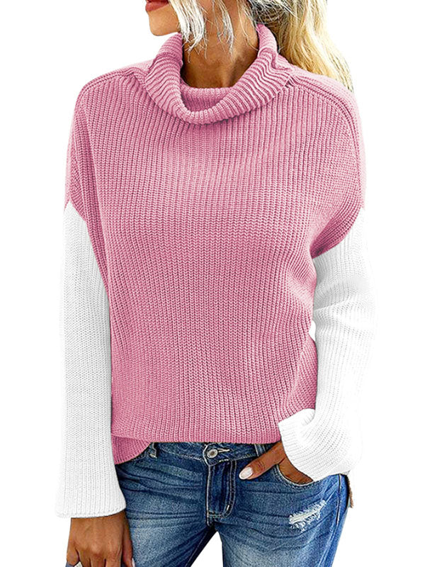Women Turtleneck Pullover Splicing Long Sleeve Knitwear Sweaters