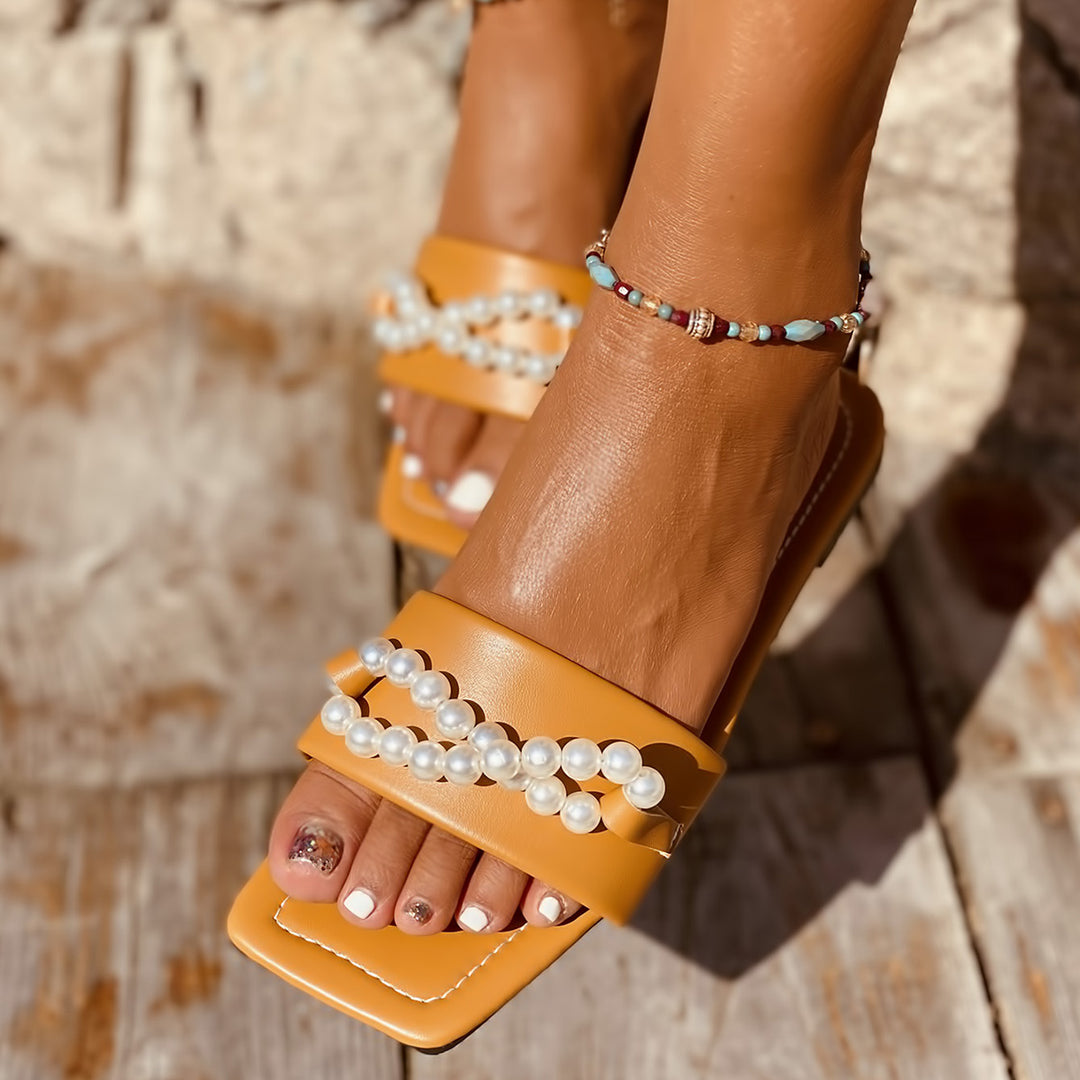 Pearl Decor Square Toe Slippers Flat Slide Sandals