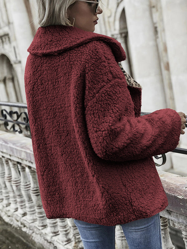 Women Long Sleeve Lapel Fuzzy Fleece Jacket Leopard Cardigan Coat