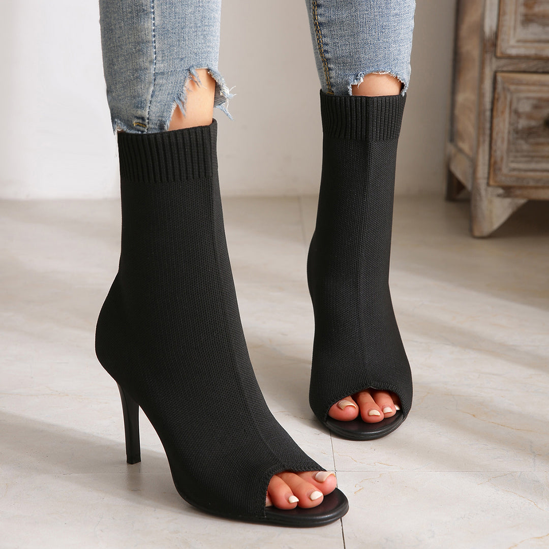 Black Peep Toe Stiletto High Heel Sandals Stretch Knit Sock Booties