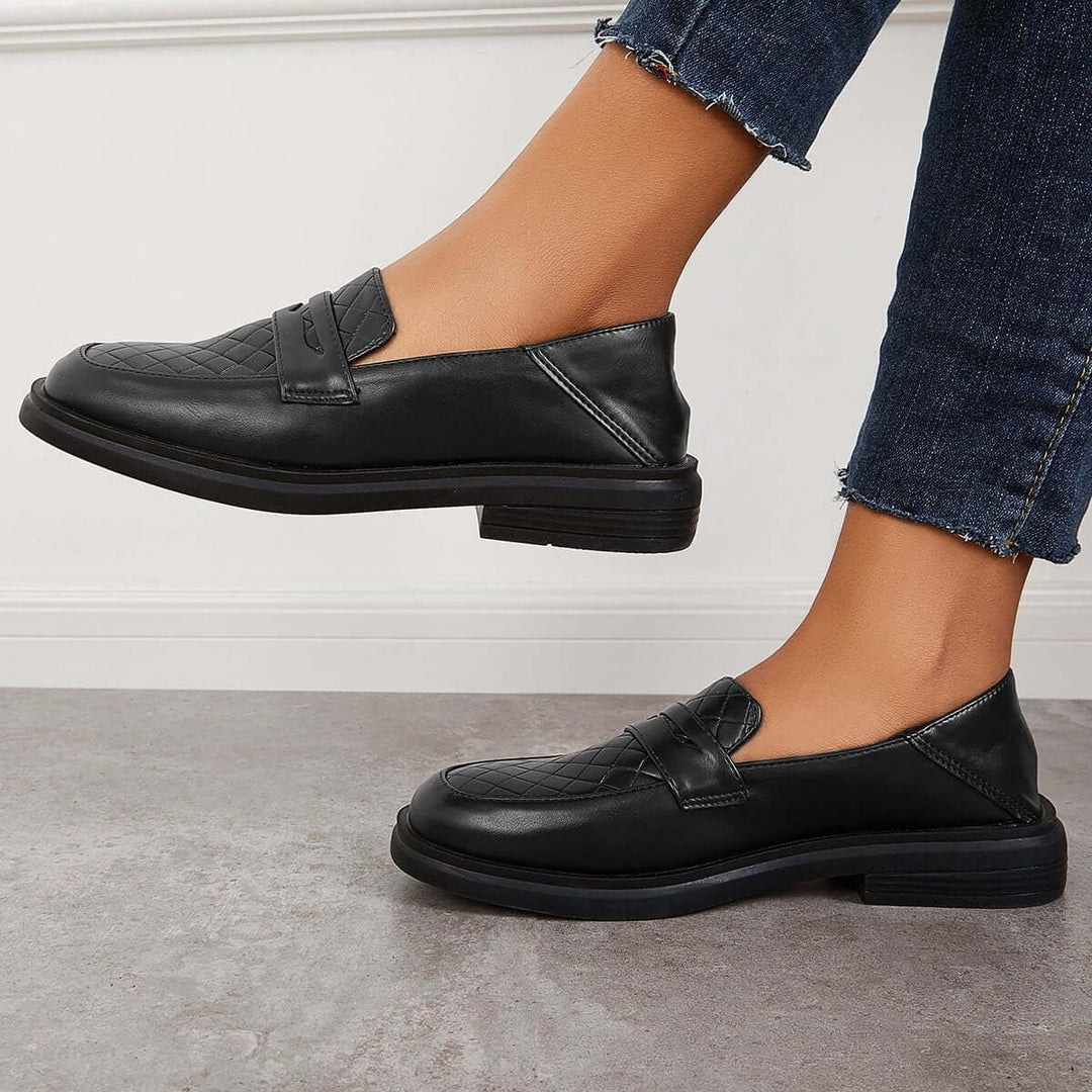 Casual Leather Slip on Loafers Block Heel Walking Shoes