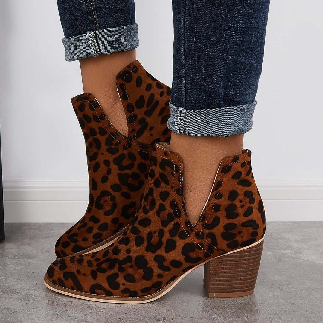 Cutout Western Cowboy Ankle Boots V-cut Stacked Heel Booties