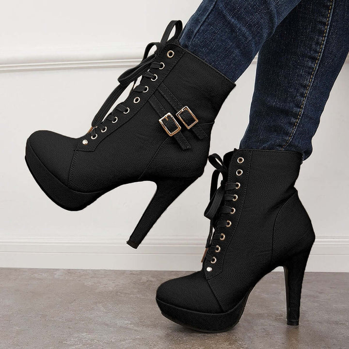 Chunky Platform High Heel Ankle Boots Lace Up Booties