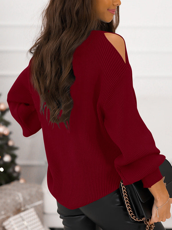 Women Off Shoulder Tops Long Sleeve Sweaters Loose Chest Cutout Pullover