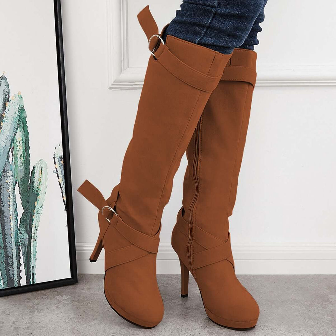 Wide Calf Knee High Buckle Boots Chunky Heel Riding Boots