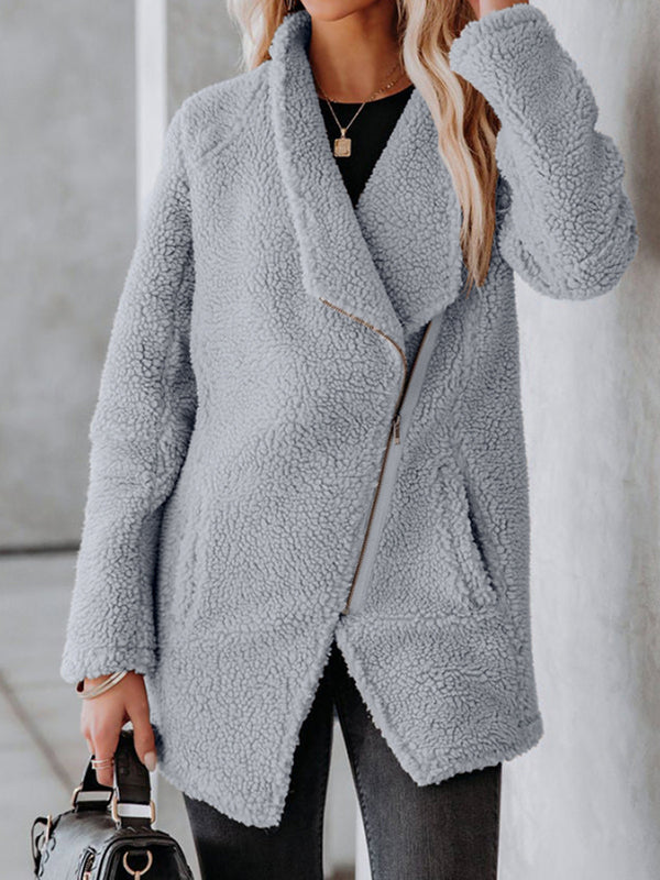 Women Coat Casual Lapel Fleece Fuzzy Zipper Coats Warm Outwear Jackets