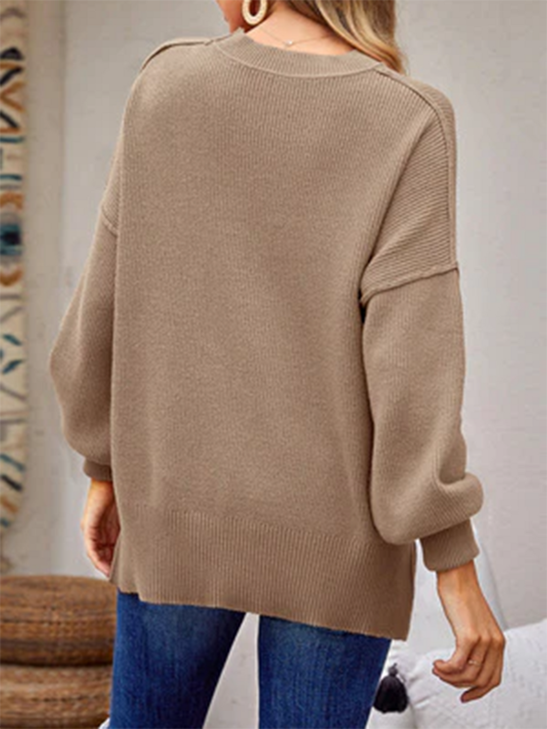 Womens Winter Sweaters Long Sleeve Ribbed Knit Crewneck Side Slit Pullover