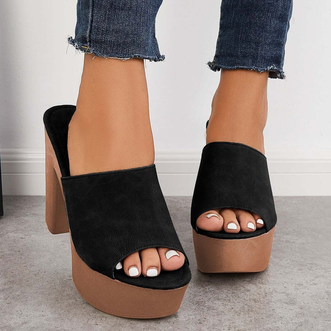 Peep Toe Slip on Platform Chunky Mules High Heel Slide Sandals