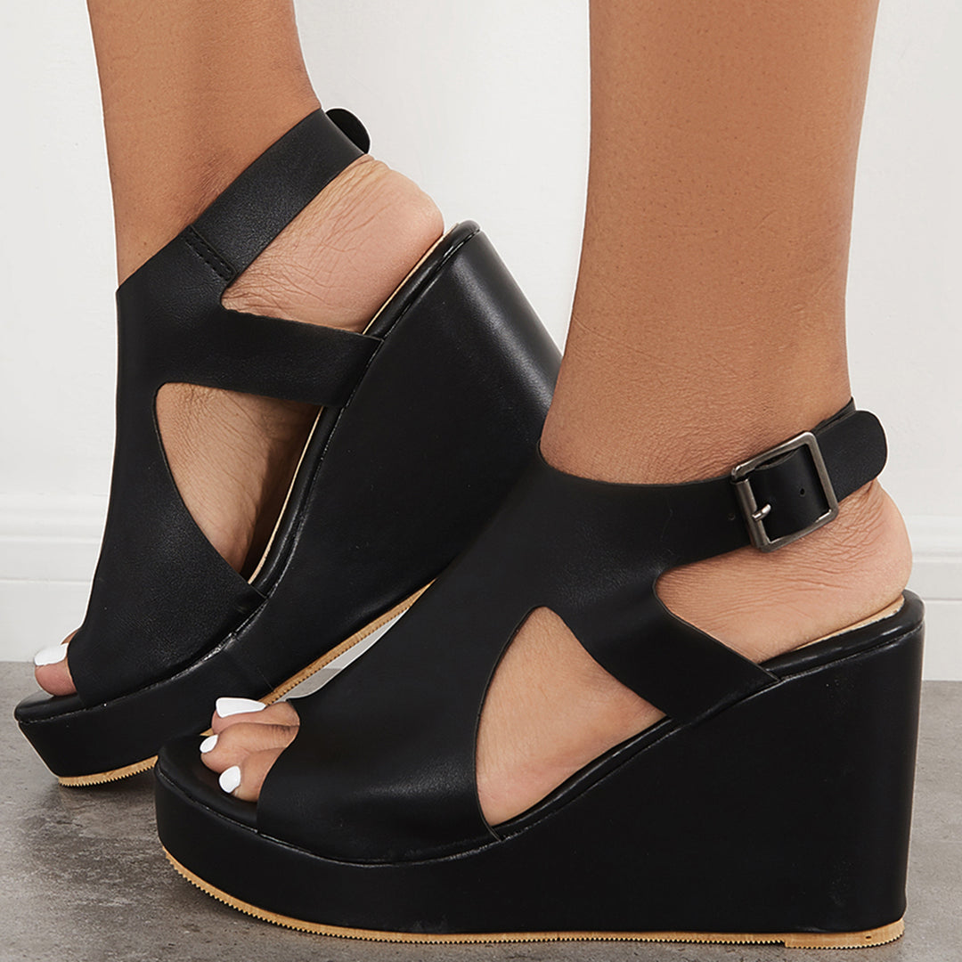 Black Cutout Slingback Platform Wedge Heels Ankle Strap Sandals