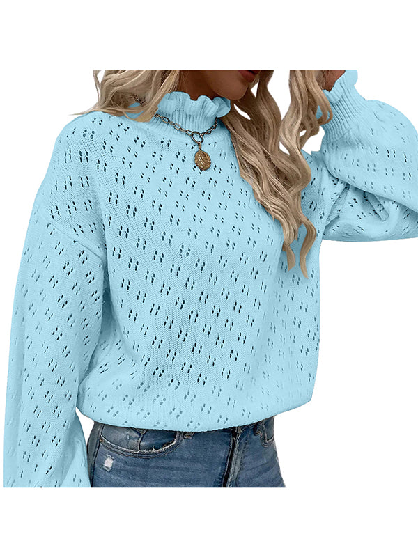 Women Turtleneck Long Sleeve Knit Basic Cutout Sweater Loose Pullover Tops
