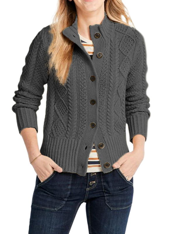 Women Button Long Sleeve Cable Knit Open Front Top Slim Solid Sweaters
