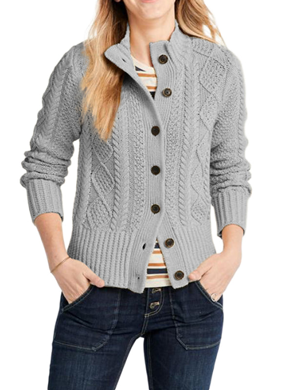 Women Button Long Sleeve Cable Knit Open Front Top Slim Solid Sweaters