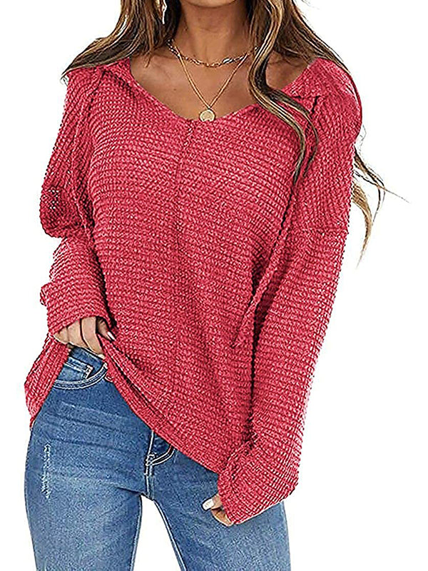 Women V Neck Casual Long Sleeve Waffle Knit Hooded Sweatshirt Tops