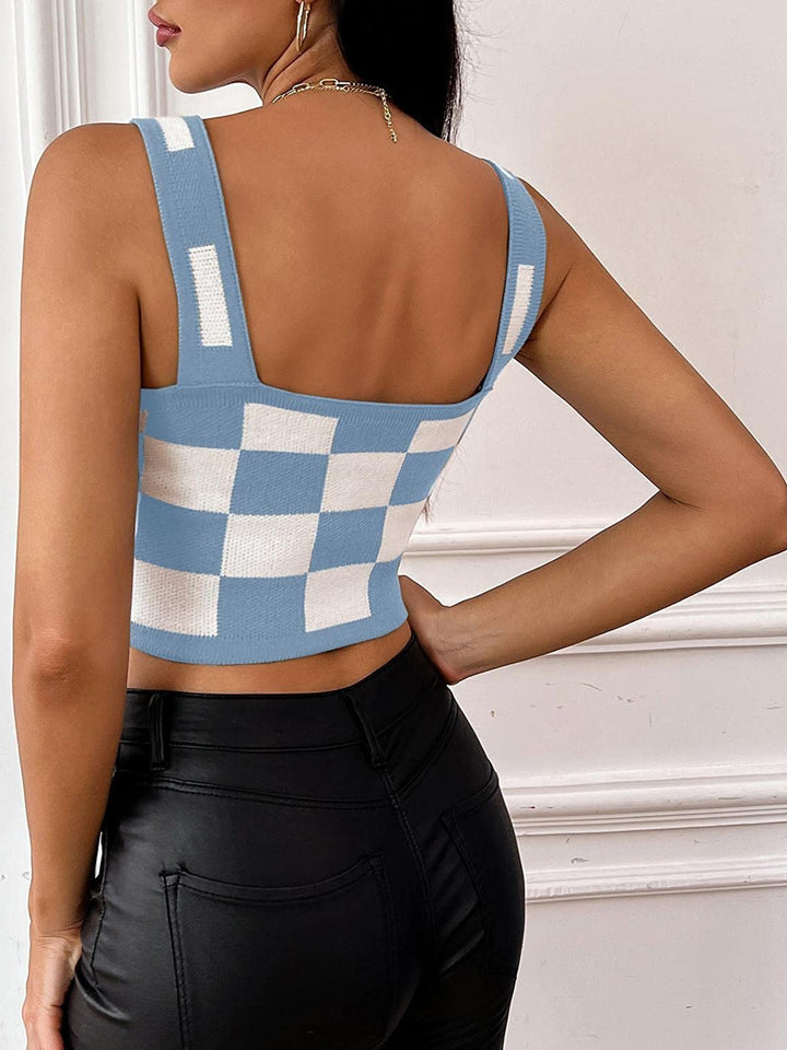 Womens Checked Knit Crop Tops Summer Going Out Cropped Tank Camisole Sleeveless Strap Camis