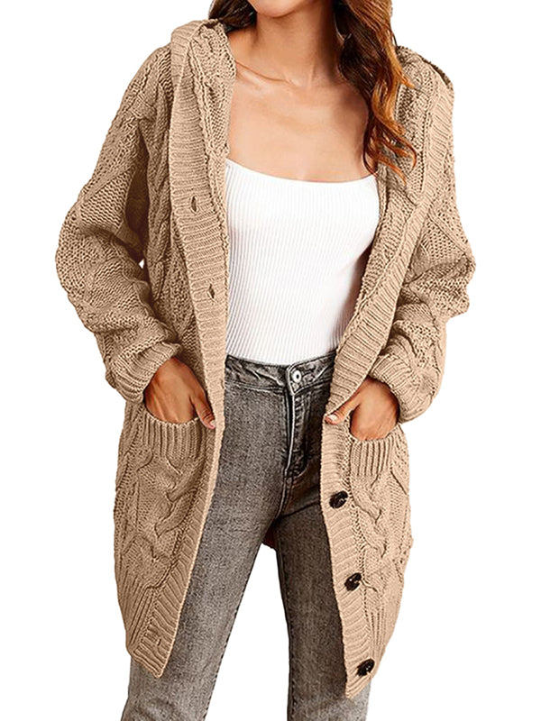 Women Long Sleeve Cable Knit Sweater Open Front Cardigan Button Loose Outerwear