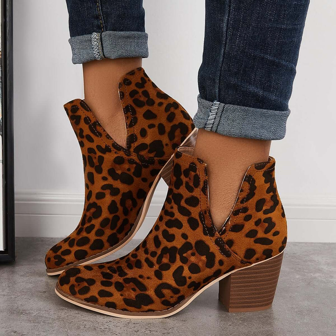 Cutout Western Cowboy Ankle Boots V-cut Stacked Heel Booties