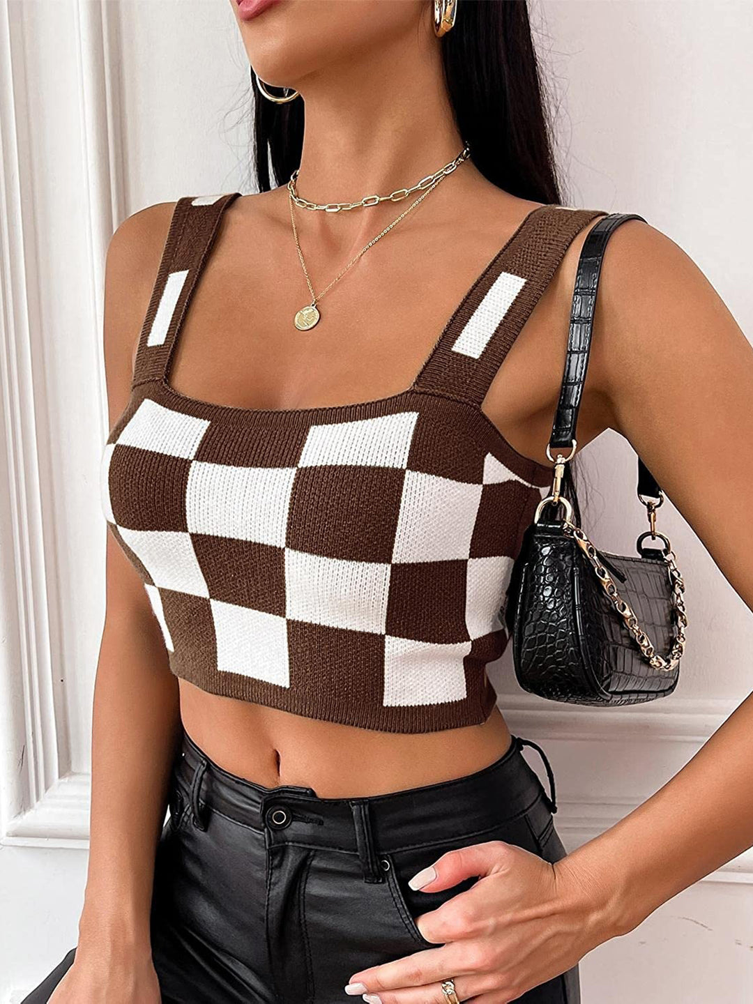 Womens Checked Knit Crop Tops Summer Going Out Cropped Tank Camisole Sleeveless Strap Camis
