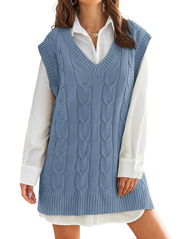 Women Oversized V Neck Cable Knit Sweater Vest Tunic Sleeveless Pullover Top