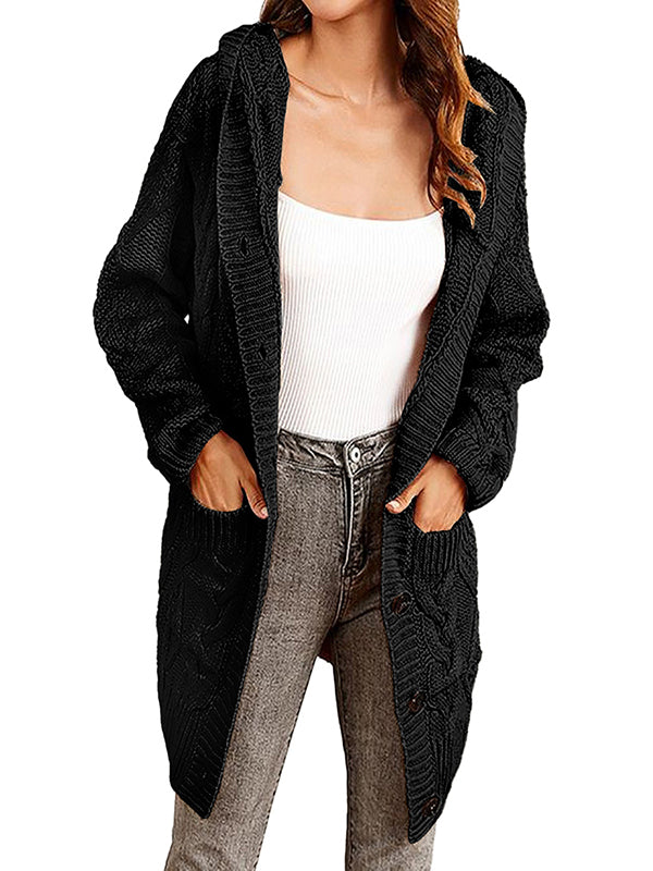 Women Long Sleeve Cable Knit Sweater Open Front Cardigan Button Loose Outerwear