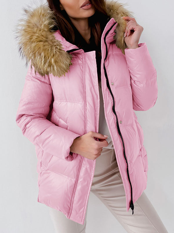 Womens Puffer Jacket Winter Warm Coats Padded Hood Coat with Faux Fur Collar