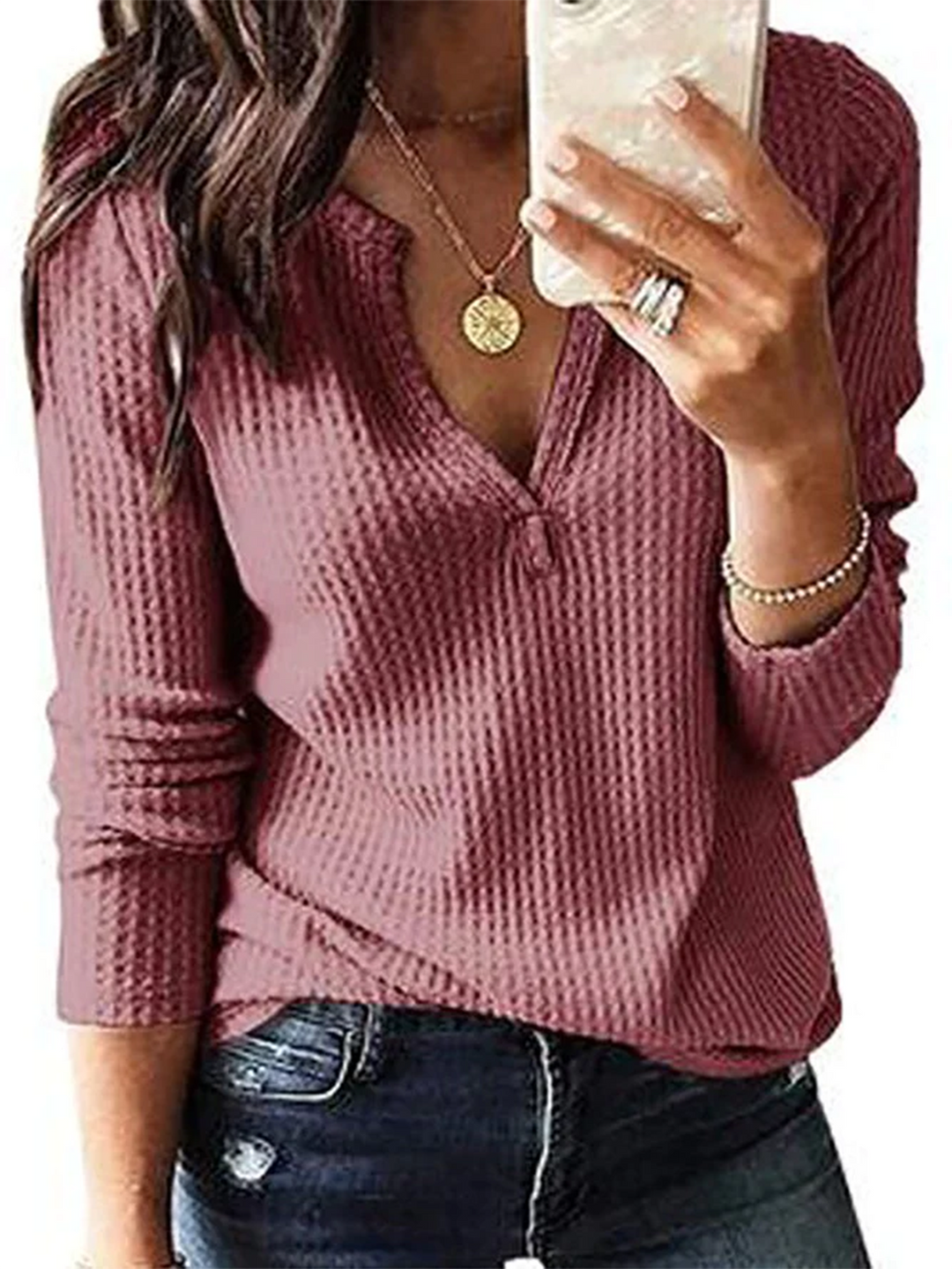 Women's Long Sleeve V Neck Plain Pullover Knitted Sweaters Waffle Knit Loose Plain Pullover Jumpers