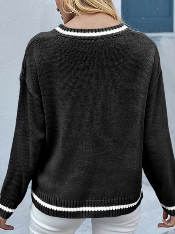 Women Knitted Crop Deep V-Neck Slim Fitted Tops Long Sleeve Pullover Off Sweater
