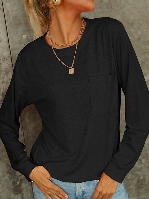 Women Casual Crewneck Sweatshirt Long Sleeve Solid Color Lightweight Loose Tops
