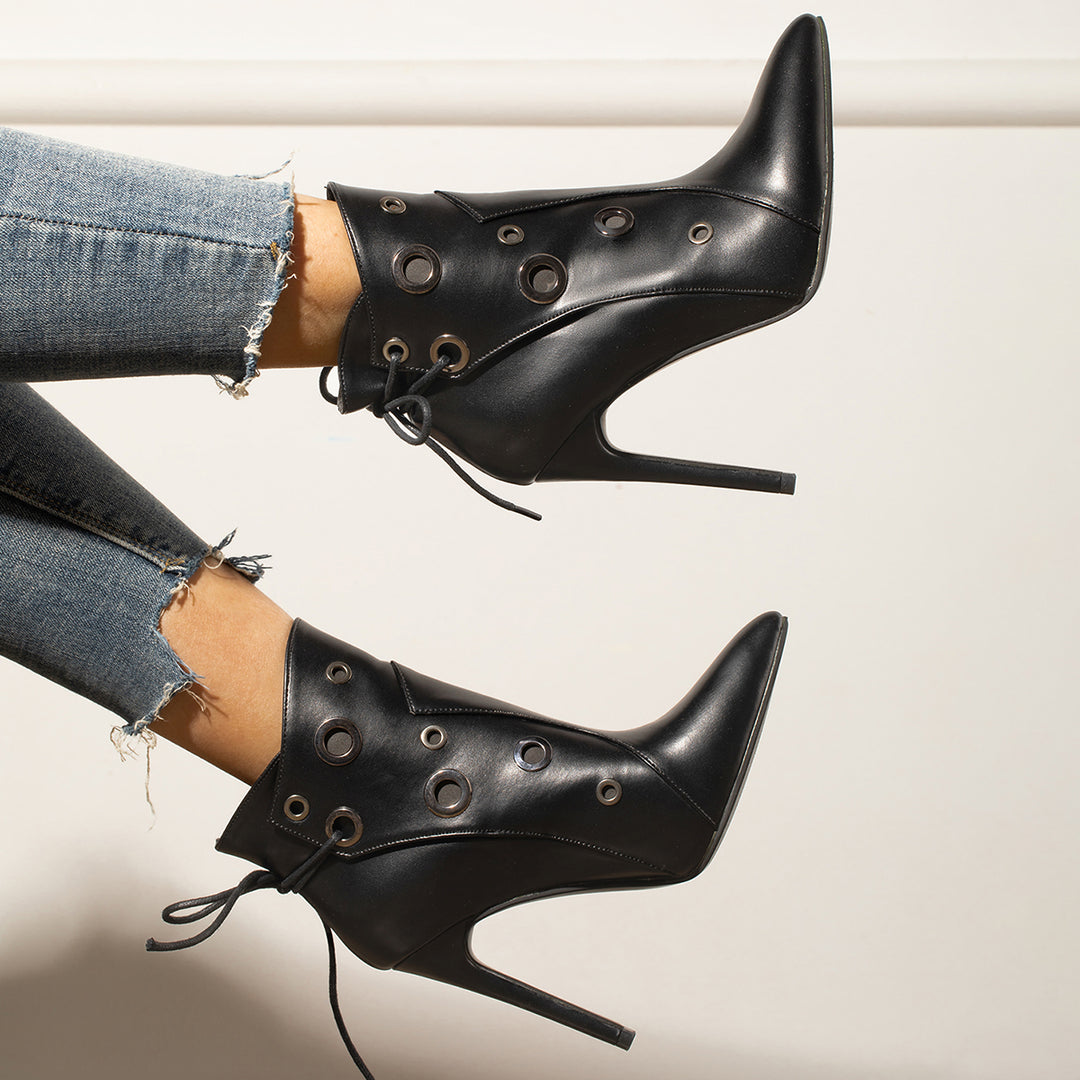 Black Lace Up Stiletto Heel Booties Pointed Toe Ankle Boots