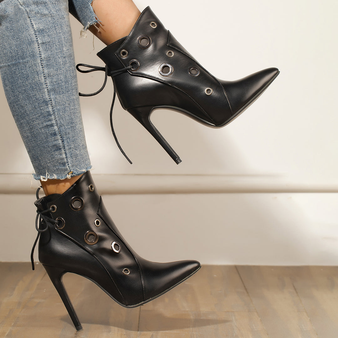 Black Lace Up Stiletto Heel Booties Pointed Toe Ankle Boots