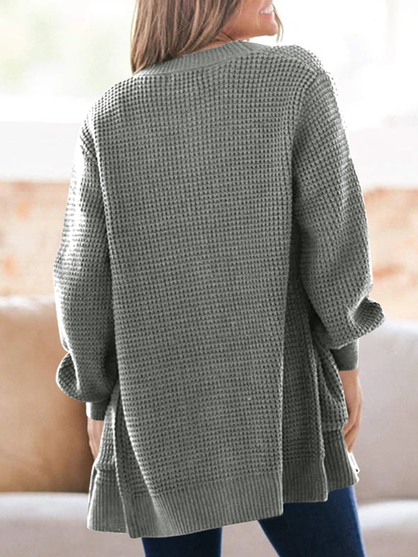 Women Waffle Knit Coats Long Sleeve Open Front Cardigan Loose Tops