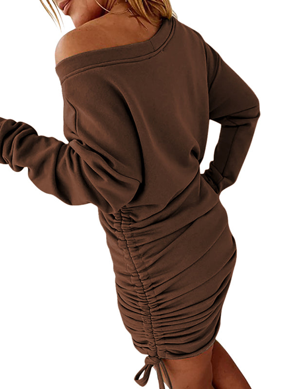 Women Pullover Off Shoulder Drawstring Short Dresses Ruched Long Sleeve Mini Sweatshirt Dress