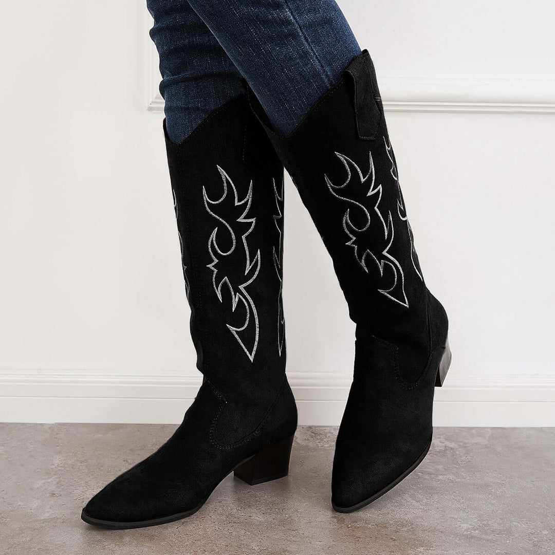 Embroidered Western Cowgirl Chunky Heel Knee High Riding Boots