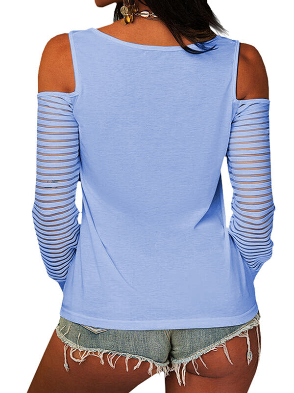 Womens Long Sleeve Mesh Srtipe Blouse Cold Shoulder Scoop Neck Zipper T-Shirt