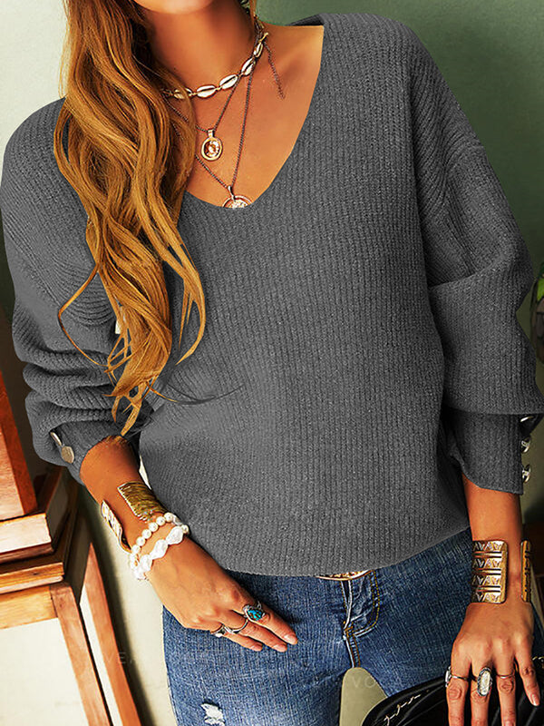 Womens V Neck Pullover Solid Color Loose Casual Knit Sweaters