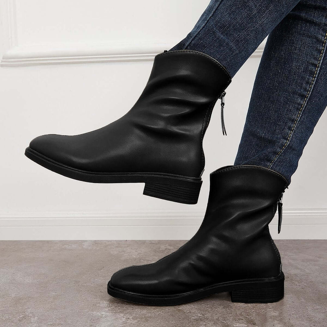 Women Fashion Faux Leather Heel Zipper Low Heel Boots