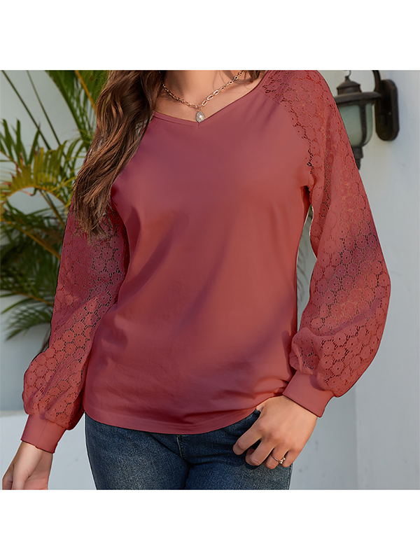 Long Sleeve Lace V Neck Loose Pullover Hollow-Out Blouses