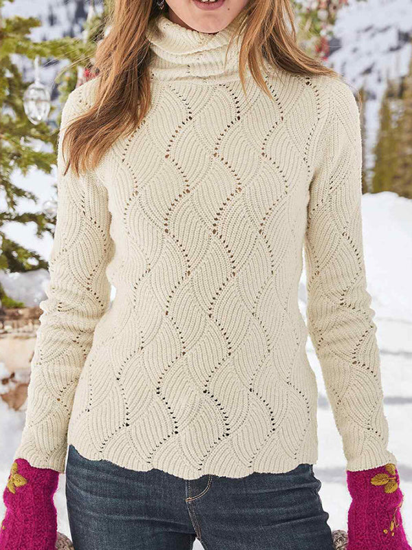 Turtleneck Knit Pullover Sweater Long Sleeve Hollow Out Solid Jumper Tops