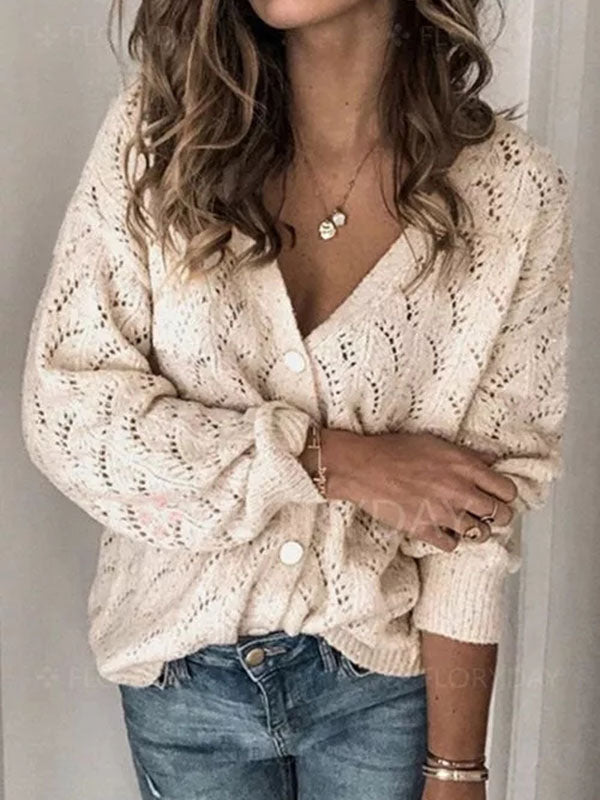 Women V Neck Knit Sweaters Button Long Sleeve Cut Out Casual Loose Cardigan