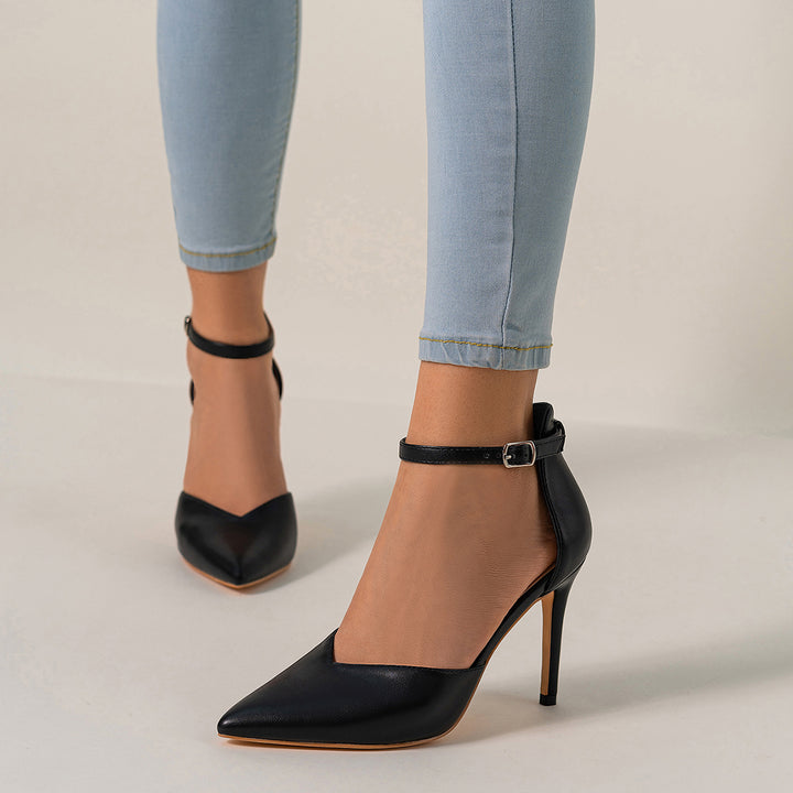 Black Pointed Toe Stilettos High Heel Ankle Strap Dress Pumps