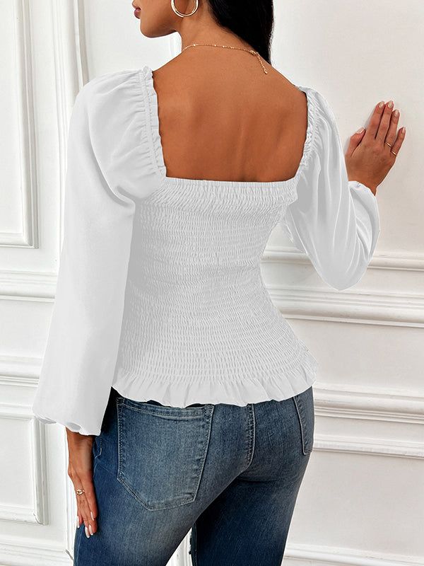 Women's Puff Long Sleeve Shirts Square Neck Tops For Women Ruffled Shoulder Hem Smocked Blouses