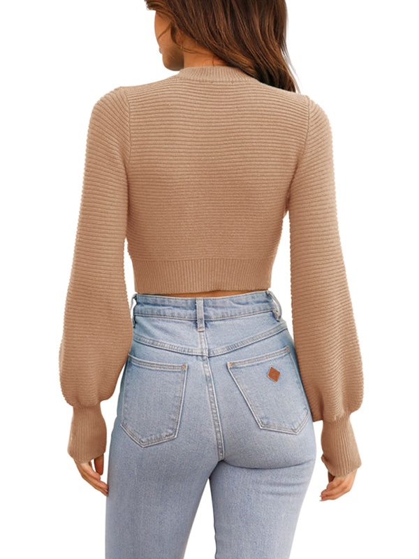 Long Sleeve Crop Top Sweater Mock Neck Knit Soft Plain Short Sweaters