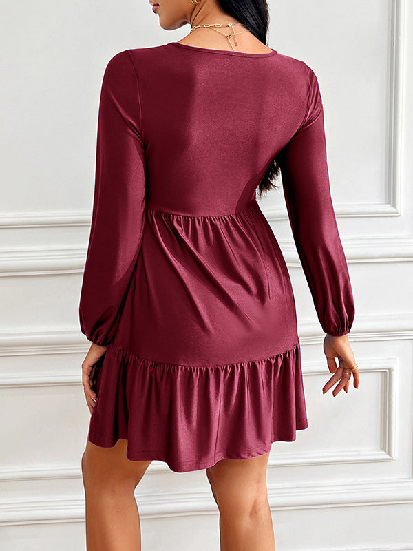 Women V-Neck Causal Dress Front Knotted Flowy Dresses Long Sleeve Babydoll Ruffle Dresses