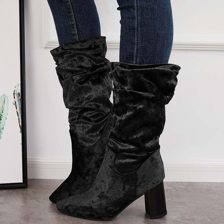Slouch Mid Calf Boots Wide Calf Chunky Block Heel Boots