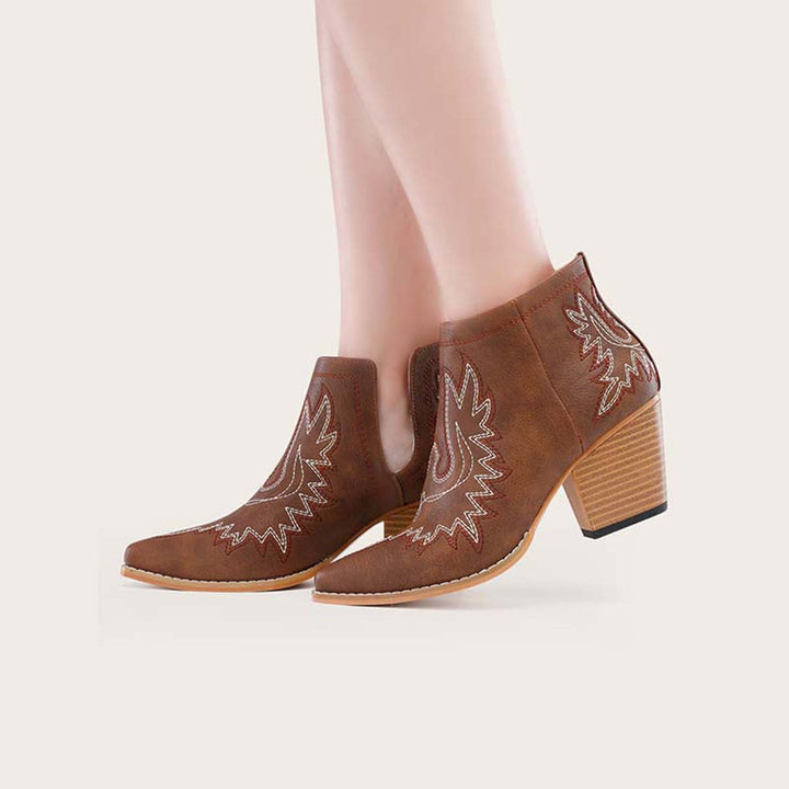 Coutout Western Cowgirl Boots Slip on Chunky Heel Ankle Booties