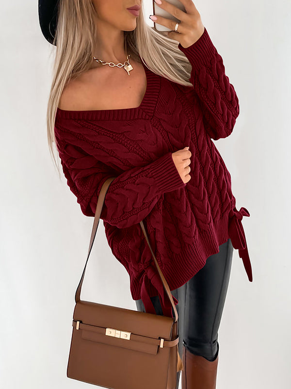 Womens V Neck Long Sleeve Pullover Off Shoulder Knit Crop Sweaters