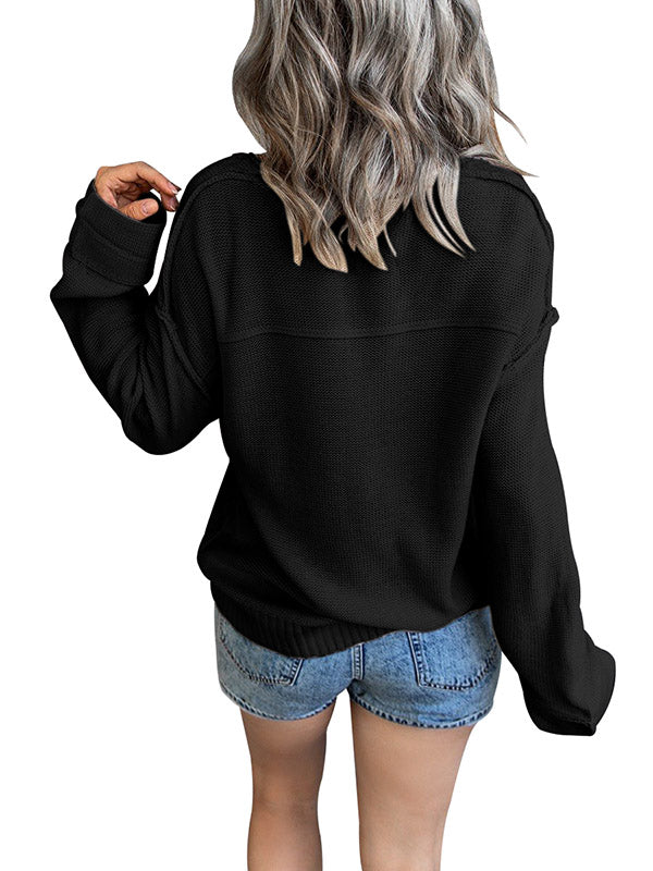 Women Casual Long Sleeve V Neck Off Shoulder Loose Knit Pullover Sweaters