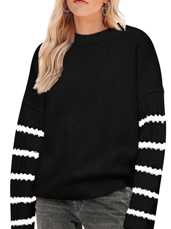 Womens Crewneck Long Stripe Sleeve Knit Loose Pullover Sweater