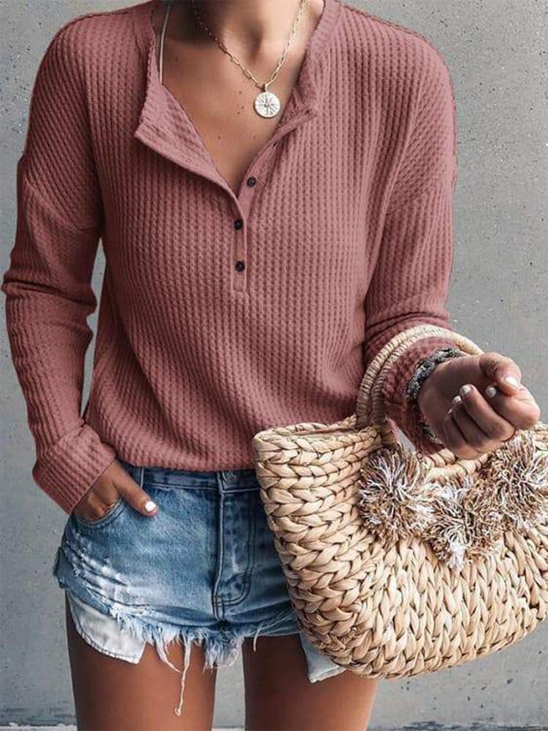 Women Waffle Knit Tunic Tops Long Sleeve Button Pullover Shirts Tee