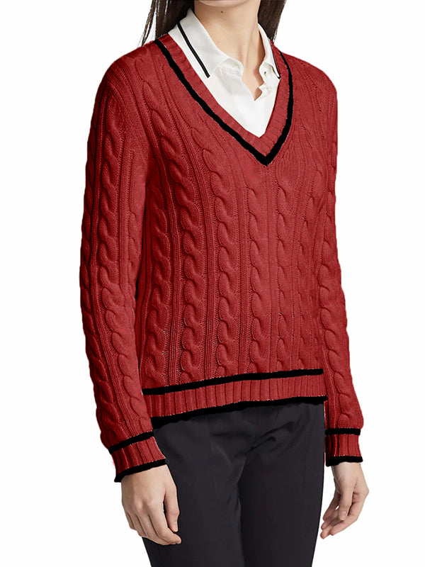 Women V Neck Sweater Long Sleeve Cable Knit Pullover Jumper Tops